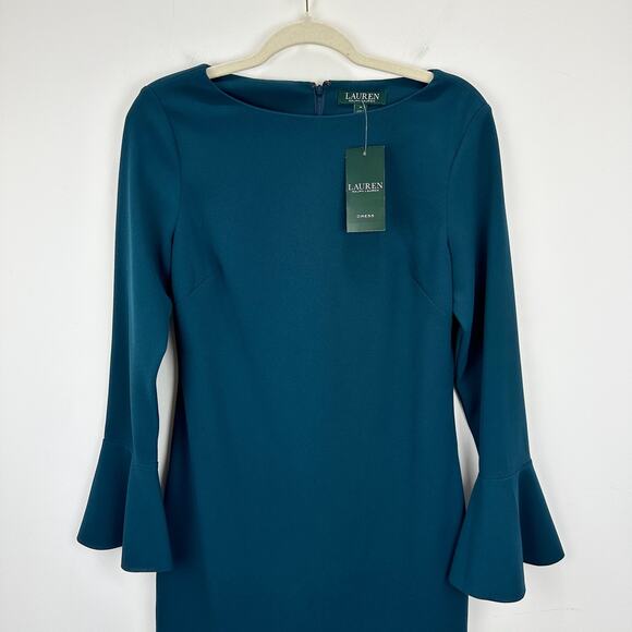 Lauren Ralph Lauren Crepe Long Sleeve Dress Mini Ruffle Cocktail Blue US 4 NWT - Picture 2 of 9